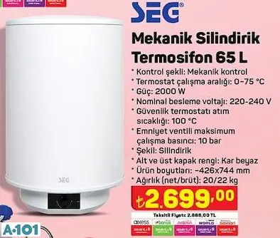 SEG MEKANİK SİLİNDİRİK TERMOSİFON 65 L SEG MEKANİK SİLİNDİRİK TERMOSİFON 65 L